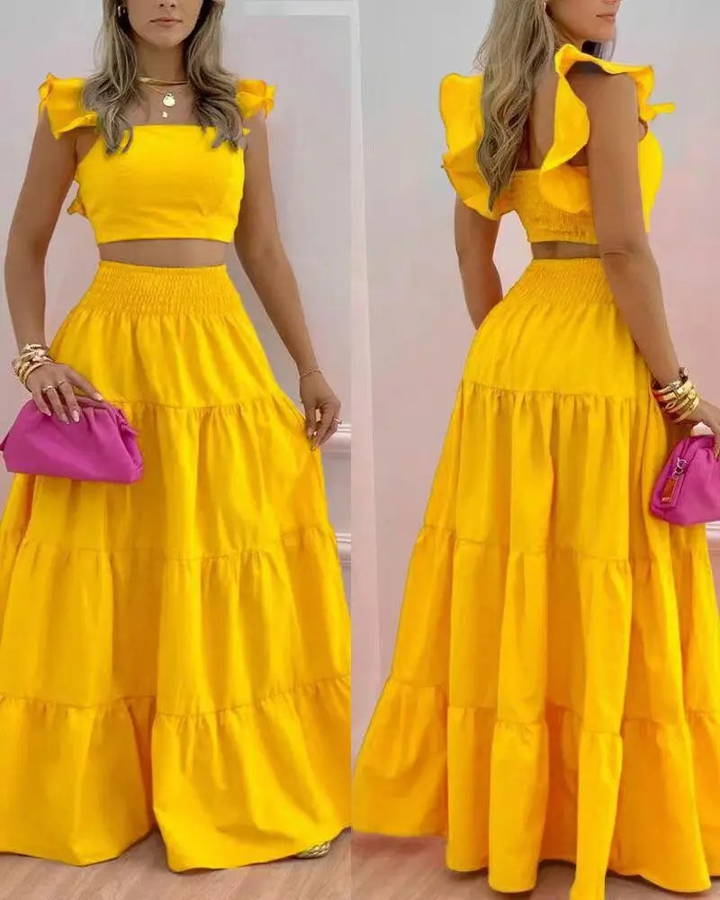 New Sexy Solid Two Suit Dress Women's Fashion Casual Loose Top Maxi Dress 2 Piece Set Female Elegant Holiday Sets 2024 Summer