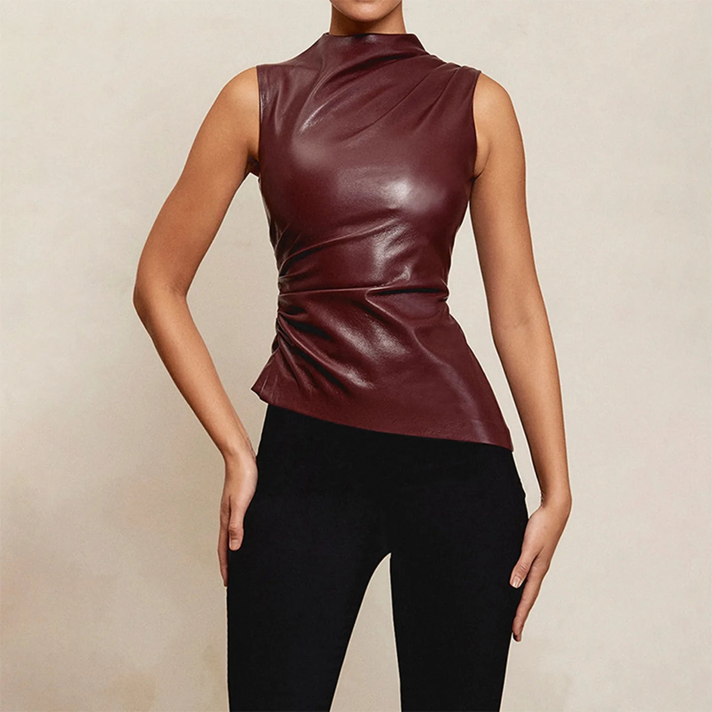 PU Leather Tank Tops Women Summer Sleeveless Pleated Slim Female Top Sexy Sheath Zipper Elastic Lady Ruched Shirt Streetwear