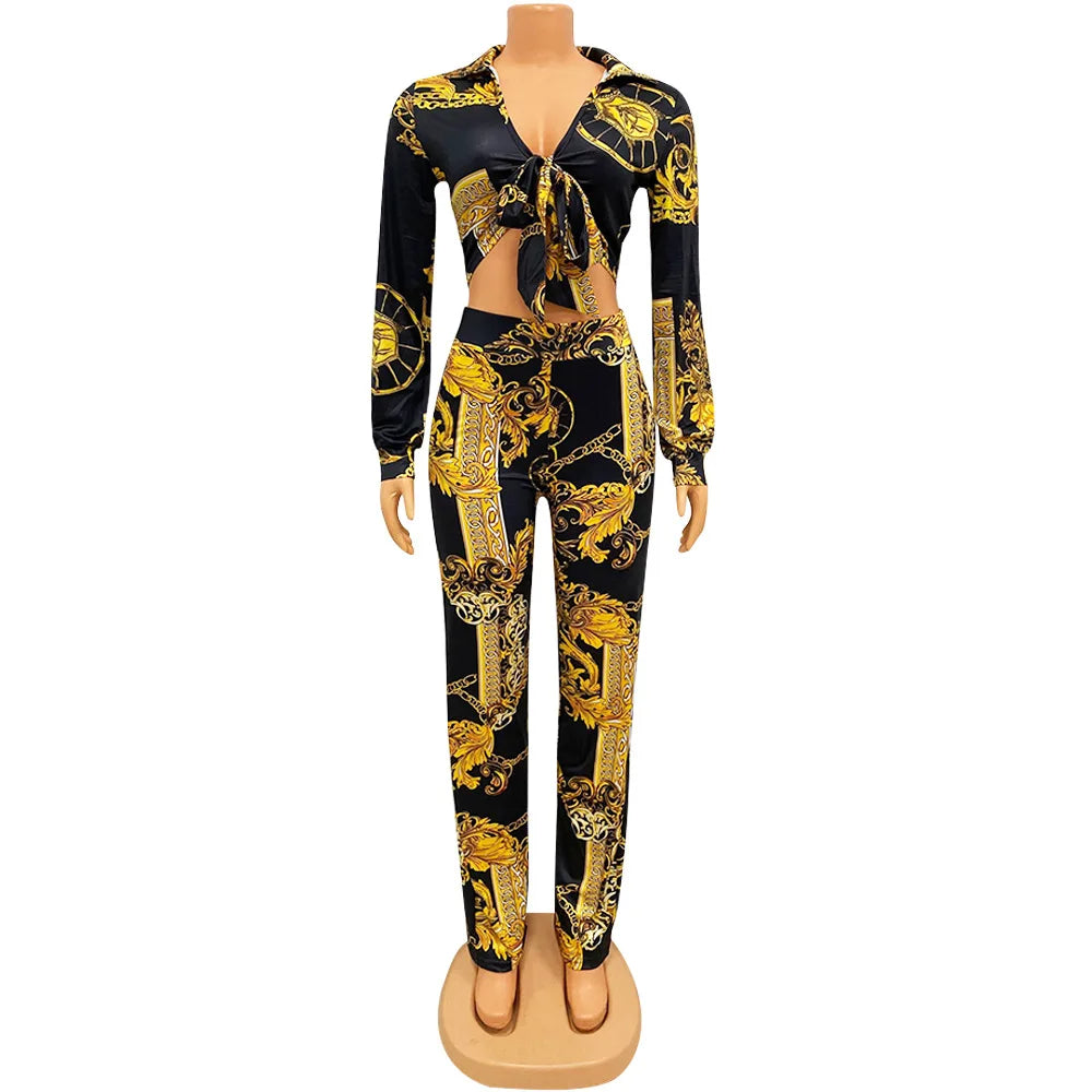 CM.YAYA Women's Paisley Chain 2 Piece Set Streetwear Outfits Tie up Shirt & Wide Leg Pants Luxury Junior Fit Autumn/Winter