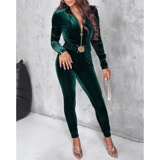 Mandylandy Sexy Velvet Bodycon Jumpsuit for Women with Zipper Design Ruched Long Sleeve and Elastic Waistbelt