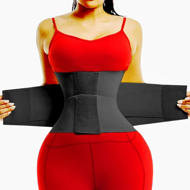 Woman in red loungewear demonstrating black waist trainer belt, showing adjustable fit.