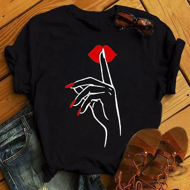 Sexy And Hot Red Lips Graphic T-shirt Women Clothing 3D Print Fashion Leopard Lover Gesture Tee Shirts Summer Harajuku Leisure