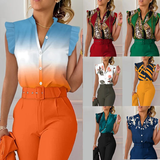 Printed V-neck Flying Sleeve Shirt And Blouses Elegant Female Blouses Sleeveless Women's Clothing Trend 2024 Holiday Top Summer