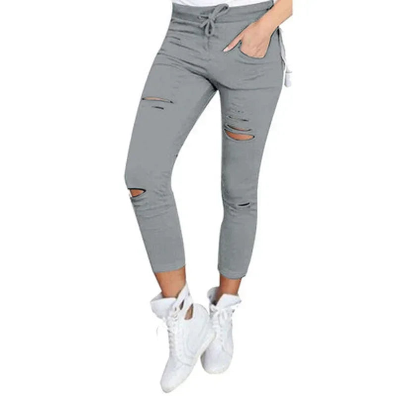 Women's plus Size Ripped Stretch Jeans Pencil Pants Casual Mid-Waist Ankle-Length Trousers