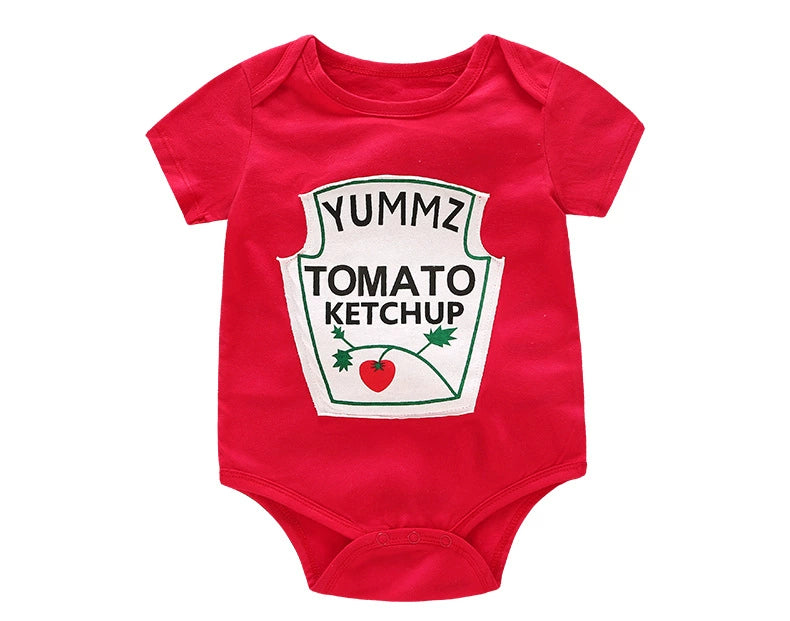 Red baby onesie with 'Yummz Tomato Ketchup' graphic, soft cotton, cozy infant wear