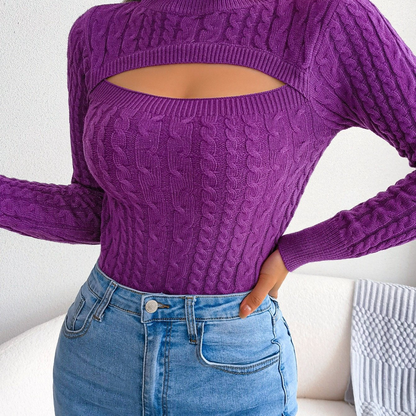 Women's Sexy Hollow-Out Knit Pullover Sweater Long Sleeve Crew Neck Skinny Fit Acrylic Blend High Stretch Solid Color Top for Spring/Fall