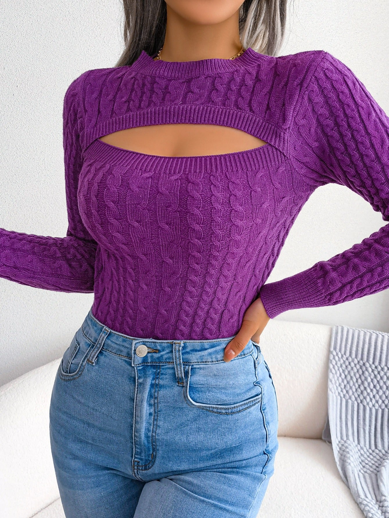 Women's Sexy Hollow-Out Knit Pullover Sweater Long Sleeve Crew Neck Skinny Fit Acrylic Blend High Stretch Solid Color Top for Spring/Fall
