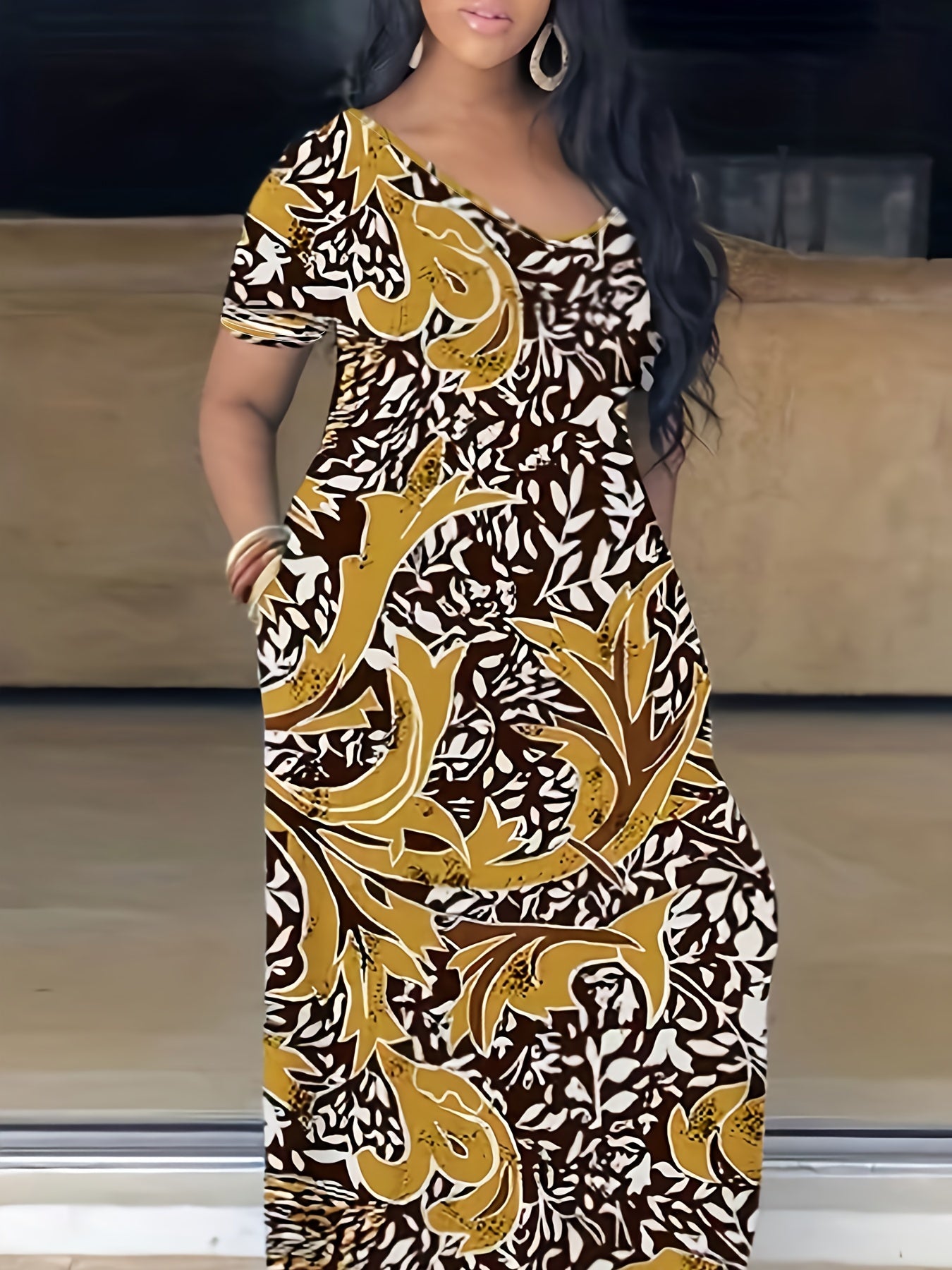 Elegant plus Size Tie Dye Maxi Dress Women's Short Sleeve V-Neck Long Dress with Pocket Medium Stretch Spring/Fall Wear